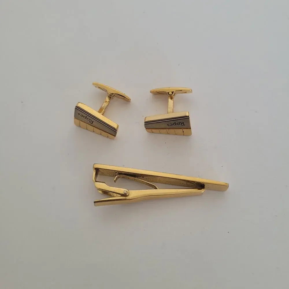 Ropes Tie Bar Clip Cufflinks Set Gold Silver Two Tone Logo Geometric Whale Retro
